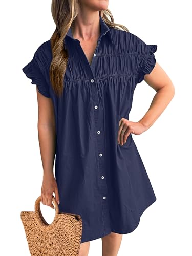 ANRABESS Womens Summer Button Down Shirt Dress Ruffle Short Sleeve Mini Dresses Loose Fit Beach Casual Sundress with Pockets Navy Blue Large