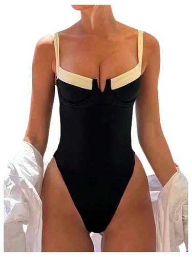 SOLY HUX Women's One Piece Bathing Suits High Cut Swimwear Push Up Bathing Suits Beach Vacation Clothes Black and White Large