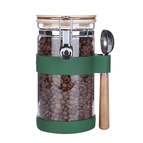 KKC Vacuum Sealed Coffee Bean Storage Container with Scoop for 1 lb Beans,Airtight Glass Coffee Jar Canister with Scoop,Glass Storage Canisters with Hinged Lid,40 Fluid Ounce