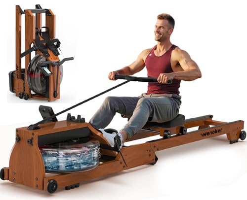 Water Rowing Machine for Home Use, WENOKER Wooden Foldable Rower Machine with Dedicated Monitor & Bluetooth APP, Large Water Tank & Comfortable Seat for Immersive Water Rower, 350LBS Weight Capacity