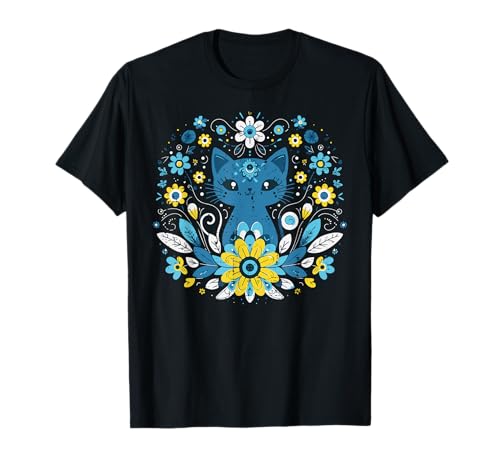 Ukraine Blue Yellow Cat Flowers Ukrainian Girls Kids Women T-Shirt