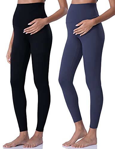 POSHDIVAH 2Pcs Women's Maternity Leggings Over The Belly Pregnancy Yoga Pants Active Wear Workout Leggings Black Navy X-Large