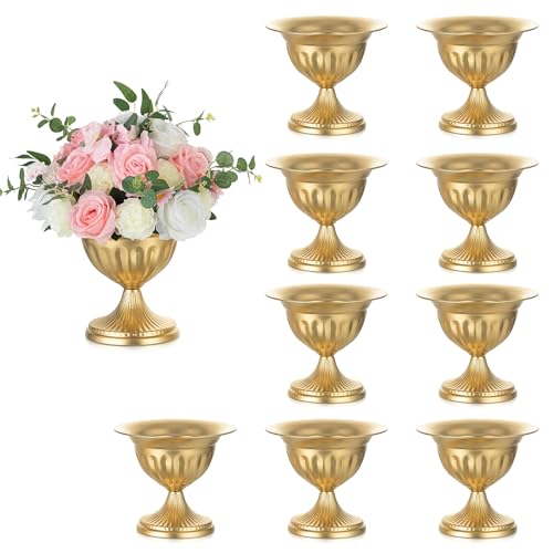 Sziqiqi Gold Vases for Wedding Centerpieces: 8.6in Big Metal Urn Vases Set of 10 Flower Arrangements for Flower Compote Vase for Wedding Decorations Table Pedestal Bowl Vase for Party