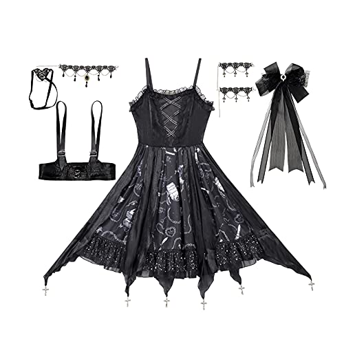 WKNBEU Women Gothic Lolita Dress Plus Size Black Goth Dress Victorian Dress for Girls Lolita Jumper Skirt Kawaii Dress Full Set-L