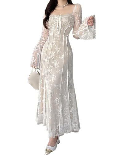 xxxiticat Women's Floral Lace Maxi Dress Long Sleeve Square Neck Flower Print Swing Hem Layered White Fairy Long Dress(WH,M)