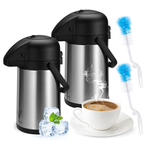 64 Oz Airpot Coffee Dispenser with Pump, 2Pcs Insulated Thermal Coffee Carafe - Stainless Steel Hot Beverage Dispenser - Coffee Urn for Hot/Cold Water, Drink Dispenser for Parties
