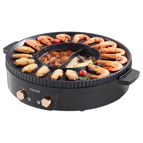 VEVOR Hot Pot with Grill, 1800W 2-in-1 Electric Smokeless Grill and Hot Pot, Korean BBQ Shabu Shabu Hotpot with Separate Dual Temperature Control, Non-stick Pan, for 2-8 People Family Dining