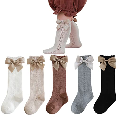 Petrass Knee High Socks Baby Girls Infant Ruffle Mesh High Socks with BowsToddler Stockings for Kids Boys 5 packs