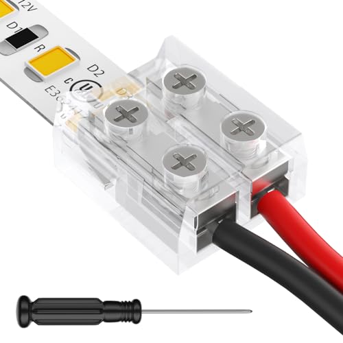 HitLights 12 Pack LED Connector 2 Pin 10mm Solderless LED Tape Lights Connector Transparent LED Strip Lights Connectors with Screwdriver Strip to Wire for 12V 24V Single Color LED Light Strips