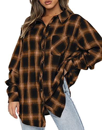CHYRII Womens Button Down Flannel Shirts Long Sleeve Plaid Shacket Business Casual Tops Brown M