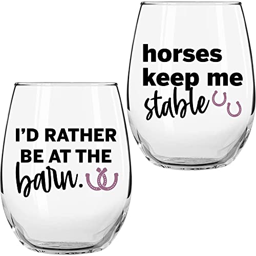 Horse Gifts for Horse Lovers - “Horses Keep Me Stable” “I’d Rather Be At The Barn” 17Oz 2PC Stemless Wine Glass Set, Colored - Funny Horse Gifts For Women - Horse Cup/Tumbler for Horse Lovers