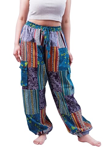 Handmade Patchwork Mushroom Style Pants from Nepal Cotton Boho Hippie Trousers (XL)