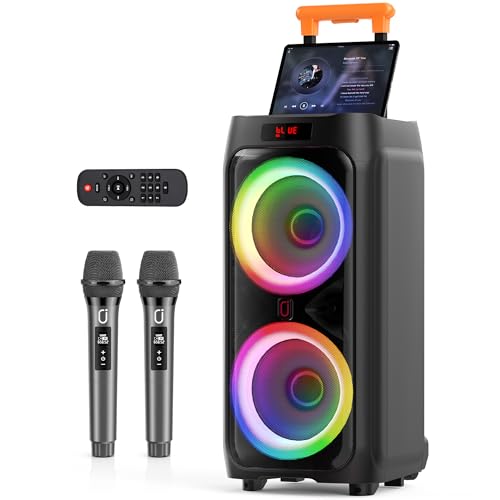 JYX Karaoke Machine with 2 Wireless Microphones for Adults, 8" Big Bluetooth Party Speaker with 500W Peak Power, PA System with LED Disco Light, Rolling Wheels and Trolley, Perfect for Outdoor Home