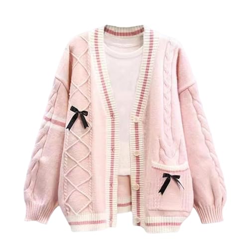 FindThy Women’s Kawaii JK School Uniform Cardigans Long Sleeve Button Up Cardigan with Pinned Bowknot(1786-Pink-OneSize-LB)