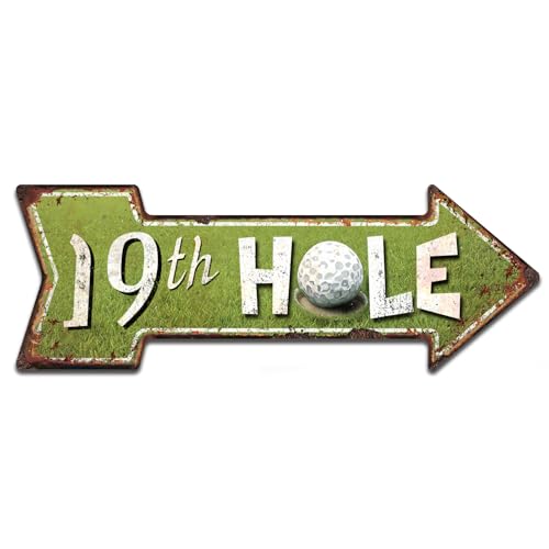 19th Hole Novelty Metal Arrow Sign, Funny Sports Man Cave Bar Street Sign 18" x 6", Golf Theme Home Decor