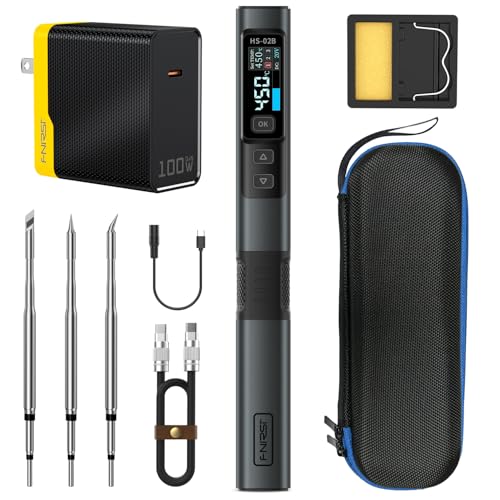 FNIRSI HS-02B 100W Portable Corded Soldering Iron Kit, 2S Fast Heating, 212-842℉, Pre-set 3 Groups Temperature, 3 210 Soldering Tips, Smart Digital Soldering Iron Pen for Electronics Precision Repair