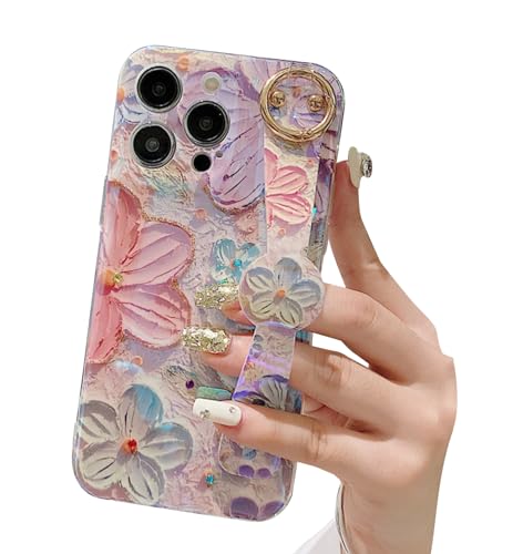 siduater Hand Strap Holder Case for 6.3" iPhone 16 Pro with Kickstand - Wrist Strap Band Soft Pattern Shockproof Cover, Adjustable Handle Grip Loop for iPhone 16 PRO 6.3 Inch, Floral Pink