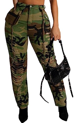 CuteCherry Women Ripped Camouflage Jeans Sexy High Waist Distressed Skinny Pants with Belt