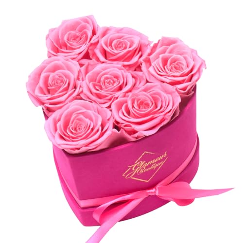 GLAMOUR BOUTIQUE 7 Flower Forever Heart Shape Box - Preserved Roses Gift for Her, Preserved Flowers for Mothers Day, Velvet Pink