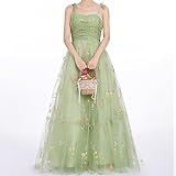 Summer Floral Embroidered Dress for Women Long Flower Embroidery Dress Tulle Prom Dress Ruched Embroidery Mesh Floral Print Dress Vintage Spaghetti Straps Formal Evening Party Wedding Dress Green S