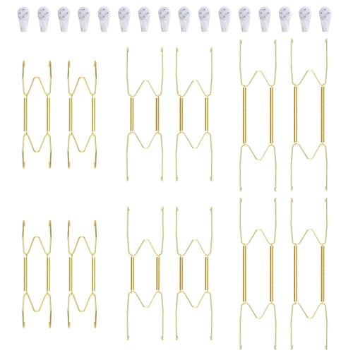 Fasunry 12 Piece Plate Hangers, 6/8/10 Inch Invisible Brass Wall Plate Hangers, Comes with 16 Piece Wall Hooks for Decorative Plates