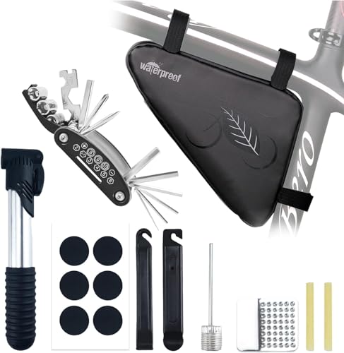 NDakter Bike Repair Kit for Flat Tire Repair, Bicycle Tool Kit Set with Pump Portable for Mountain Road Bike Emergency, Bike Bag with 16 in 1 Multitool and Lever Patch, Accessories for MTB Cycling