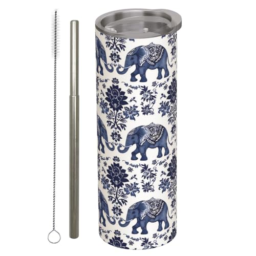 amepay Blue Elephant Stainless Steel Insulated Tumbler with Lid - 20oz Floral Flower Boho Travel Mug,Reusable Metal Straw & Brush,Double-Wall Vacuum Bottle Cup for Hot and Cold Drinks,Gifts