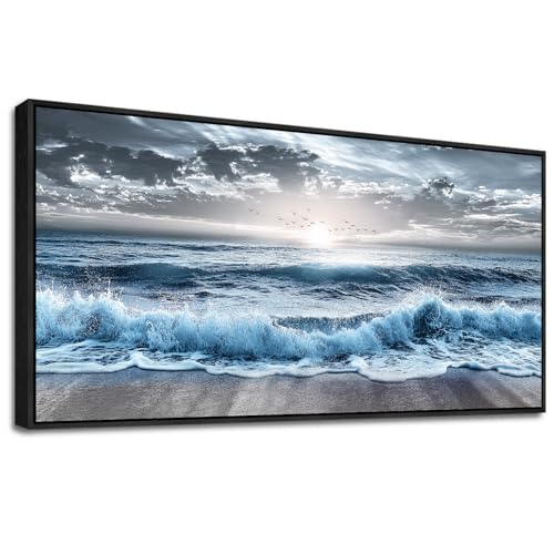 ERQINHUA Large Wall Decor For Bedroom Wall Art For Living Room Office Decor Blue Beach Sea Wave Paintings Sunrise Ocean Seascape Wall Pictures Canvas Artwork Modern Home Decor Black Frame 30x60 In