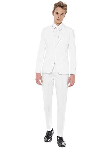 Opposuits Teen Boys White Knight Solid Color Suit - Prom and Wedding Party Outfit - Including Blazer, Pants and Tie - White