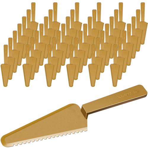 Suclain Disposable Cake Cutter 9.1 Inch Plastic Cake Server Cutting Plastic Spatula Knives Pie Pizza Pastry Slicer Serving Utensils for Kitchen Wedding (Gold,50 Pieces)