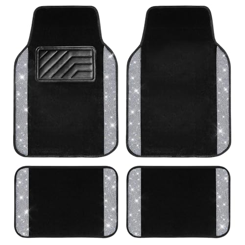 CAR PASS Bling Diamond Car Floor Mats, Shining Rhinestone Carpet Sparkly Glitter Crystal with Anti-Slip PVC Heel Pad Waterproof Universal Fit Automotive SUV,Sedan,Van,Cute Girl Women,4pcs Black Sliver