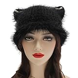 ZLYC Women Crochet Hat Knit Cat Ear Slouchy Beanie Cute Vintage Grunge Fuzzy Hat,Solid Black