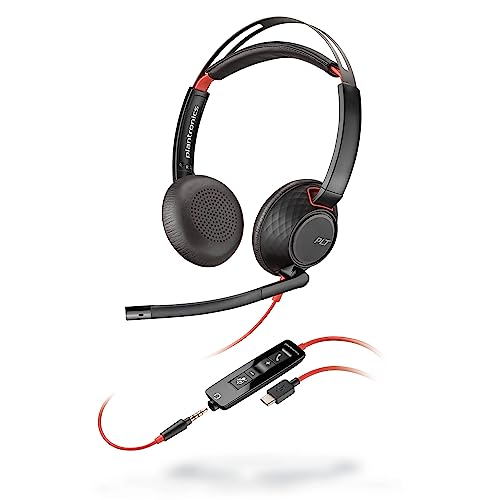 Poly Blackwire 5220 Wired Headset (Plantronics) - Flexible Noise-Canceling Boom Mic - Ergonomic Design - Connect to PC/Mac, Mobile via USB-C, USB-A, or 3.5 mm - Works w/Teams, Zoom - Amazon Exclusive