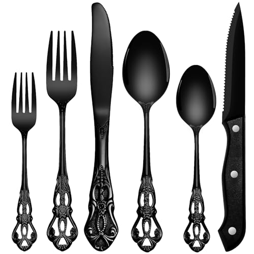 Aswwid 48 Pieces Black Silverware Set for 8, Retro Royal Flatware Set with Steak Knives, Gorgeous Stainless Steel Cutlery Utensil Set Include Forks Spoons and Knives, Mirror Finish,Dishwasher Safe