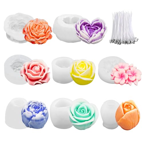 MGLIFEUL 8Pcs Rose Flower Tulip Peony Heart Candle Soap Wax Mold Valentine Day Silicone for Small Butter Candles Chocolate Making Molds Silicones Shapes Moldes De Rosas Silicona para Velas