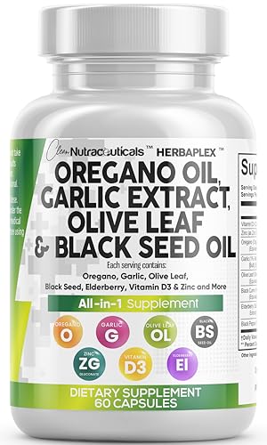 Clean Nutra Oregano Oil with Black Seed Oil Garlic Olive Leaf Extract - Oil of Oregano Capsules Immune Support Carvacrol & Thymoquinone Supplement for Women and Men + Elderberry Vitamin D3 & Zinc