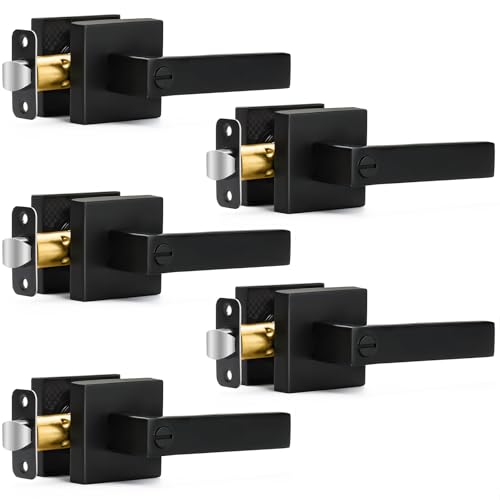 5 Pack Matte Black Door Handles Privacy Door Levers, Keyless Interior Door Knobs Square Door Levers Heavy Duty Door Locks for Bedroom Bathroom, Reversible Flat Levers