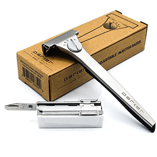 Parker’s Adjustable Injector Razor – Single Edge Adjustable Safety Razor – 20 Parker Injector Razor Blades Included – Customize your shave with a turn of the dial