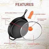 NutriChef 12-Inch Cast Iron Skillet w/Lid - Pre-Seasoned, Oven Safe, Nonstick, Cool-Touch Silicone Handle, For All Cooktops - NCCI12