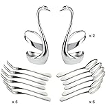 Mydears Swan Base Coffee Cutlery Decor Fruit Fork 7 pcs Stainless Steel Dinnerware Set - 14pcs (2 Swan Base Holder, 6 Forks, 6 Spoons) - Formal Flatware Set - Silver, Polished - Dishwasher Safe