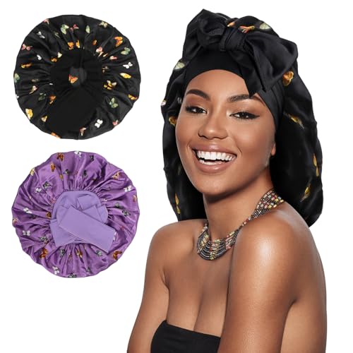 Arqumi Satin Silk Bonnet for Sleeping Women - 2 Pcs Large Long Strap Tie Band Adjustable Sleep Night Shower Cap Hair Bonnet Wrap for Men Reusable, Butterfly Pattern Purple+ Black