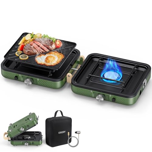 OGERY 2-Burner Foldable Camping Stove with Griddle (Textured & Smooth) and Carrying Bag, Portable Propane Camp Stove with 2 Adjustable Burners & Piezo Ignition, for Camping Tailgating Essentials Gear