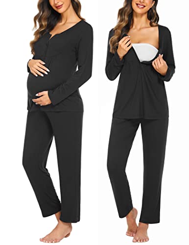 Ekouaer Maternity Nursing Pajama Sets Labor Delivery Pjs Long Sleeve Breastfeeding Pajamas Pregnancy Sleepwear Set Black L