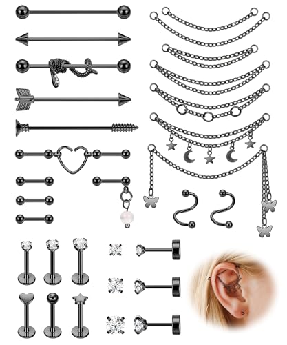 REVOLIA Surgical Steel Industrial Barbell Earrings with Chain for Women Dangle Cartilage Earring Studs Cartilage Helix Tragus Daith Industrial Piercing Jewelry Set Black