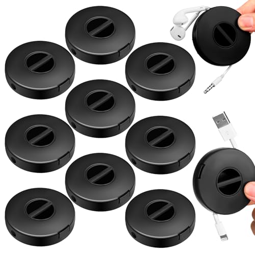 Copkim 9 Pcs Charging Cord Organizer Black Portable Charger Cord Holder Round Storage Cable Winder Retractable Cable Management Flexible USB Reel for Home Office Classroom Wire Charger