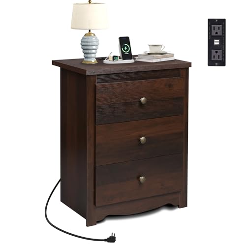 WLIVE Tall Nightstand with Charging Station, Wood Nightstand with 3 Drawers, Bedside Tables Bedroom, Dorm, End Table with 2 USB Ports and 2 AC Outlets, Bedside Table, Espresso
