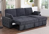 L-Shaped Pull Out Sleep Sofabed,Modern Reversible Sleeper Sectional Sofa Chenille Upholstered Button Tufted Decor with Storage Chaise, Drop-Down Table, Cup Holders and Charging Ports (USB & Type-C)