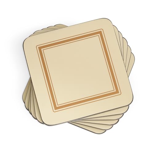 Pimpernel Classic Cream Drink Coasters Set of 6 - Heat & Stain Resistant Square Coasters with Non-Slip Cork Backing for Hot and Cold Beverages - 4" Table Protectors for Home & Office
