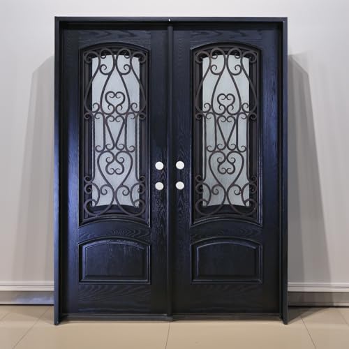 60" x 80" Environment Damage Resistant Polyurethane Composite Exterior Entry House Front Door, Wrought Iron Door w/Openable Tempered Rain Glass Window, Right-Hand Double