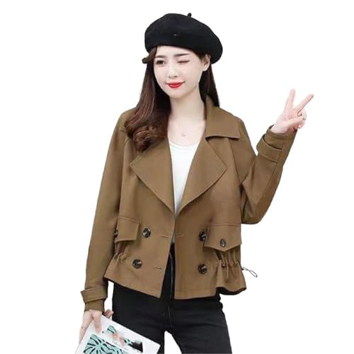 KOSFESFJHD Women's short trench coat, Korean-style loose work jacket for spring and autumn-Medium-khaki